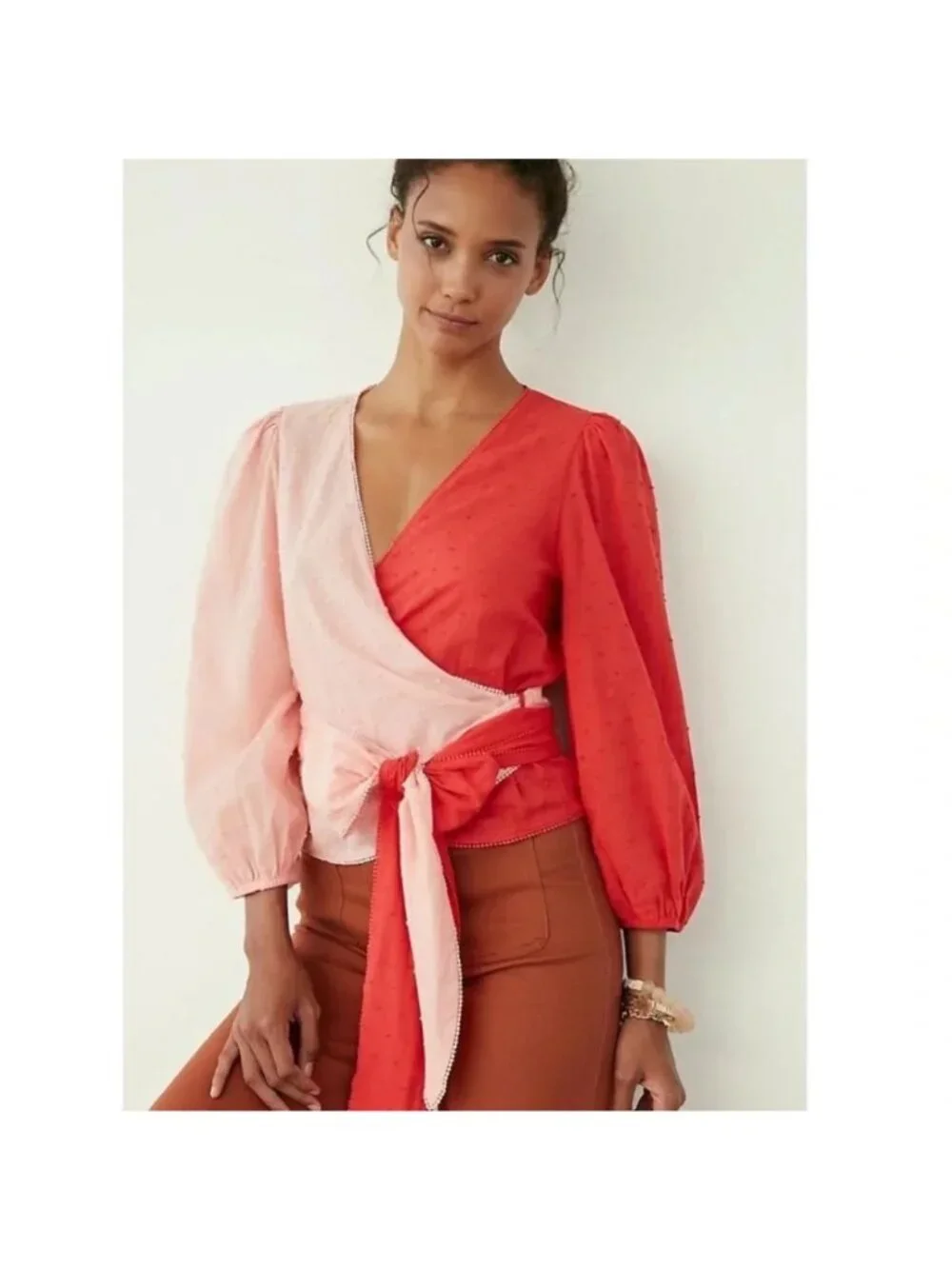 FARM RIO for Anthropologie Colorblock Wrap Blouse Pink Red Swiss Dot Size M